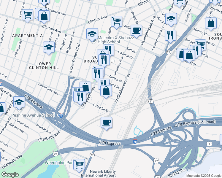 map of restaurants, bars, coffee shops, grocery stores, and more near 288 Sherman Avenue in Newark