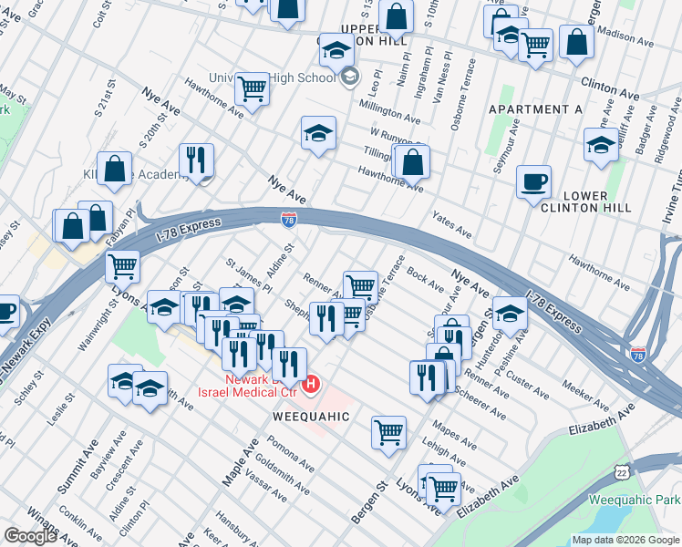 map of restaurants, bars, coffee shops, grocery stores, and more near 95 Schuyler Avenue in Newark