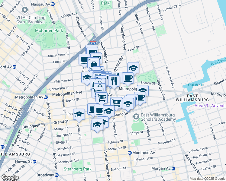 map of restaurants, bars, coffee shops, grocery stores, and more near 790 Metropolitan Avenue in Brooklyn