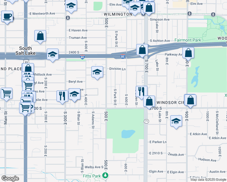 map of restaurants, bars, coffee shops, grocery stores, and more near 2580 Park Street East in Salt Lake City