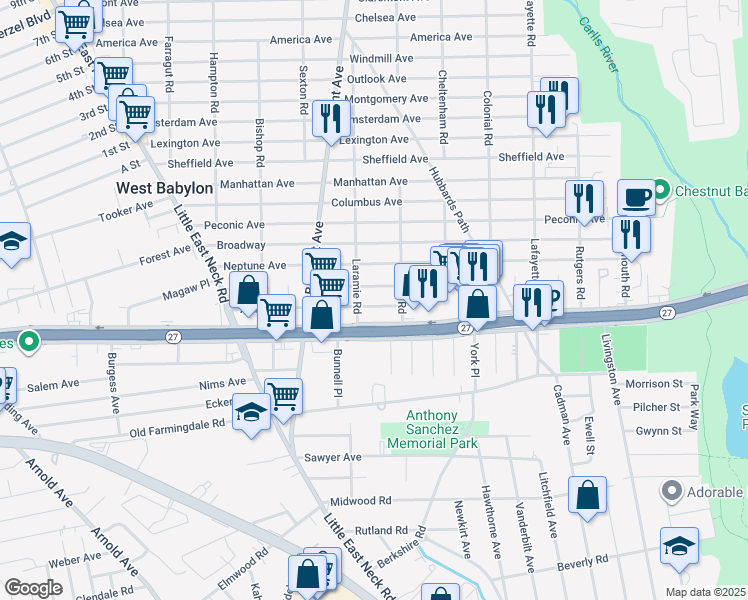 map of restaurants, bars, coffee shops, grocery stores, and more near 153 Arthur Avenue in West Babylon