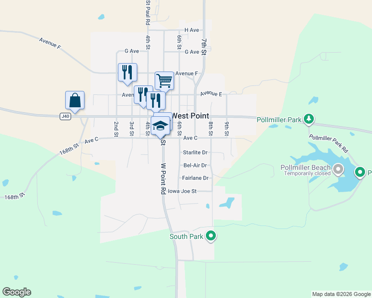map of restaurants, bars, coffee shops, grocery stores, and more near 604 Starlite Drive in West Point