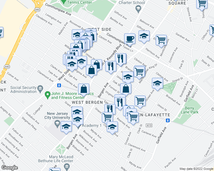 map of restaurants, bars, coffee shops, grocery stores, and more near 368 Bergen Avenue in Jersey City