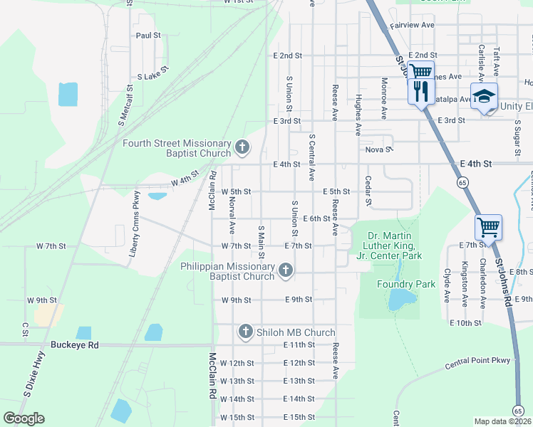 map of restaurants, bars, coffee shops, grocery stores, and more near 1433 S Main St in Lima