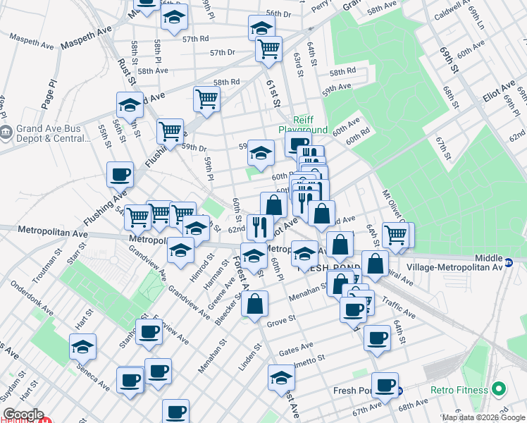 map of restaurants, bars, coffee shops, grocery stores, and more near 60-74 60th Lane in Queens