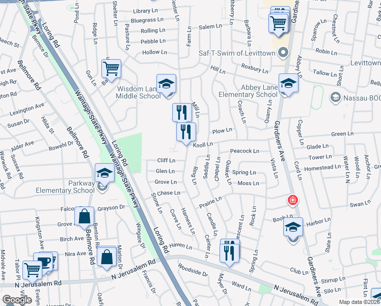 map of restaurants, bars, coffee shops, grocery stores, and more near 189 Center Lane in Levittown