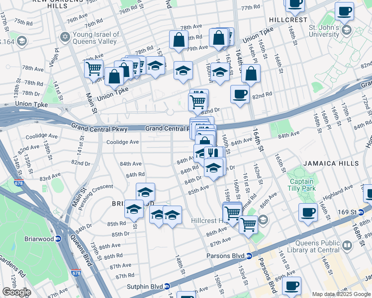 map of restaurants, bars, coffee shops, grocery stores, and more near 150-31 Hoover Avenue in Queens