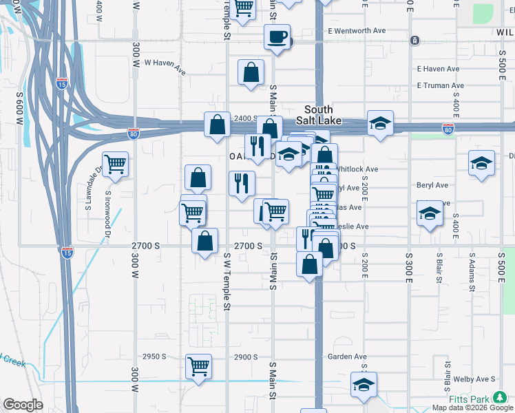 map of restaurants, bars, coffee shops, grocery stores, and more near 44 West Crystal Avenue in South Salt Lake