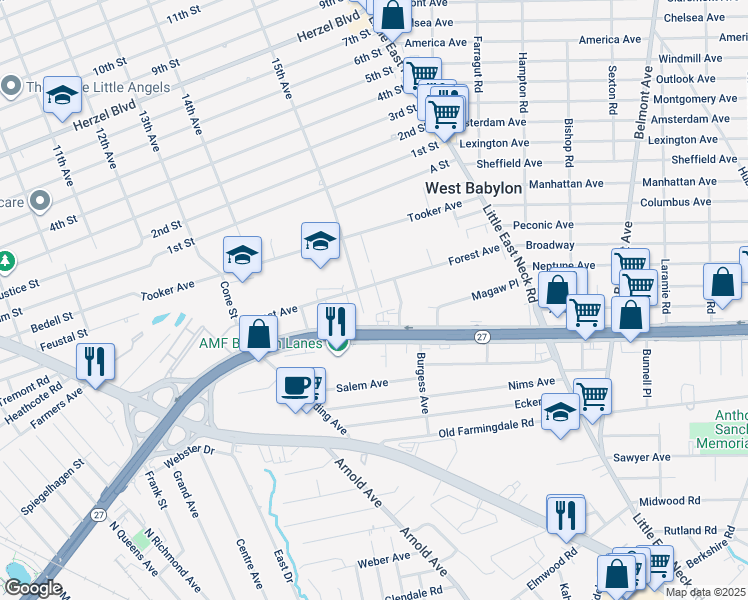 map of restaurants, bars, coffee shops, grocery stores, and more near 73 Baywood Street in West Babylon