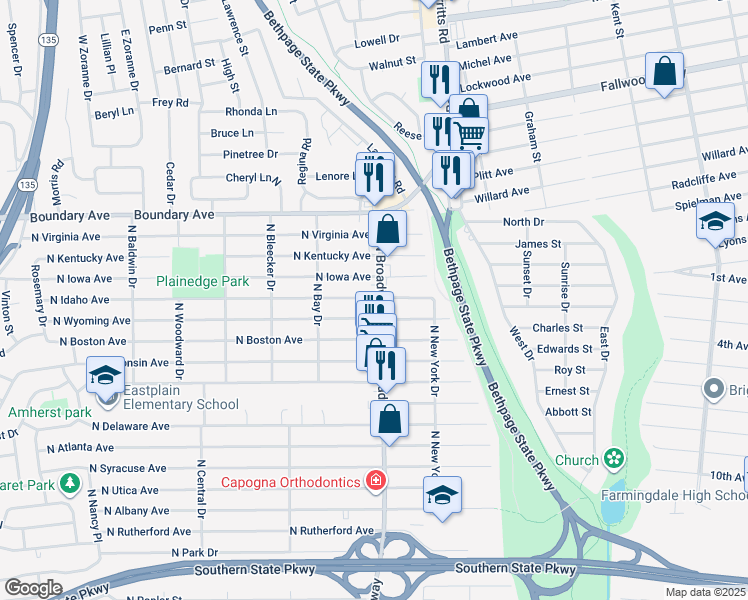 map of restaurants, bars, coffee shops, grocery stores, and more near 1110 North Broadway in Massapequa