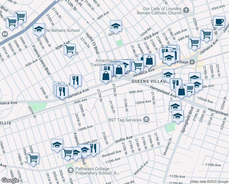 map of restaurants, bars, coffee shops, grocery stores, and more near 211-37 99th Avenue in Queens