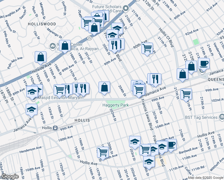 map of restaurants, bars, coffee shops, grocery stores, and more near 93-26 202nd Street in Queens