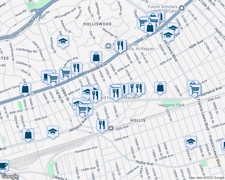 map of restaurants, bars, coffee shops, grocery stores, and more near 195-24 90th Avenue in Queens