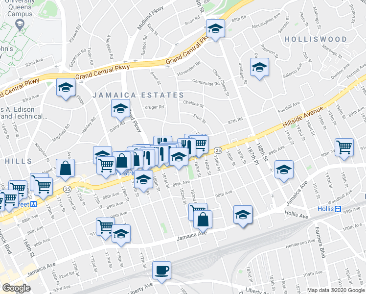 map of restaurants, bars, coffee shops, grocery stores, and more near in Queens