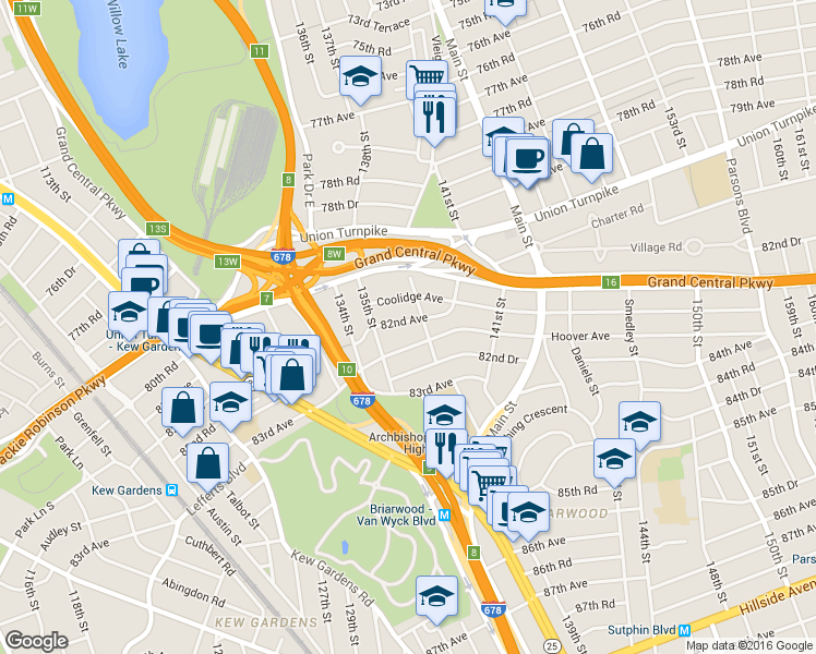 map of restaurants, bars, coffee shops, grocery stores, and more near 82-06 138th Street in Queens
