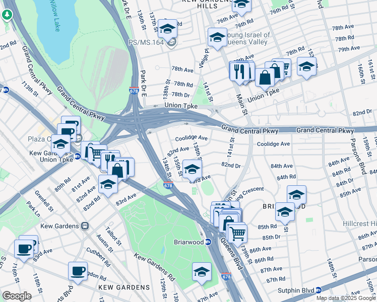 map of restaurants, bars, coffee shops, grocery stores, and more near 82-06 138th Street in Queens