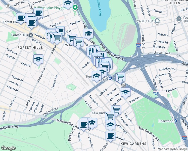 map of restaurants, bars, coffee shops, grocery stores, and more near 11 77th Road in Queens
