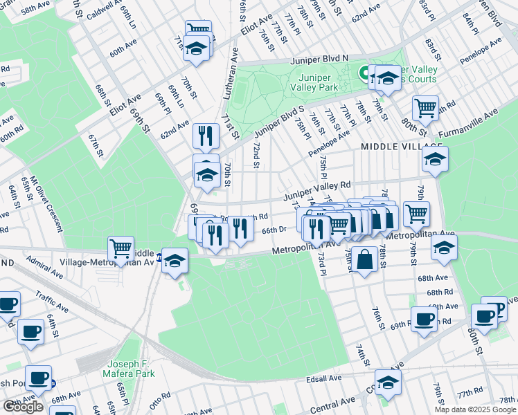 map of restaurants, bars, coffee shops, grocery stores, and more near 72-16 Juniper Valley Road in Queens