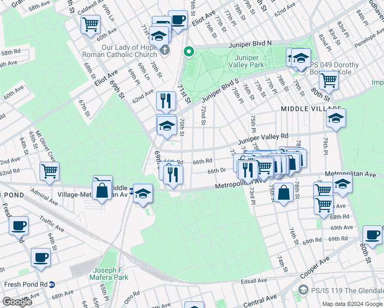 map of restaurants, bars, coffee shops, grocery stores, and more near 71-04 Juniper Valley Road in Queens
