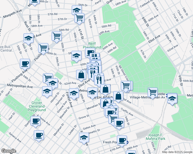 map of restaurants, bars, coffee shops, grocery stores, and more near 61-40 Eliot Avenue in Queens
