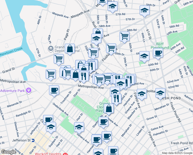 map of restaurants, bars, coffee shops, grocery stores, and more near 60-25 54th Street in Queens