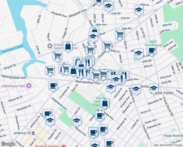 map of restaurants, bars, coffee shops, grocery stores, and more near 60-25 54th Street in Queens