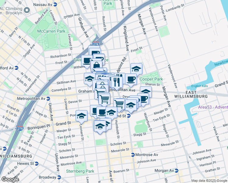 map of restaurants, bars, coffee shops, grocery stores, and more near 790 Metropolitan Avenue in Brooklyn