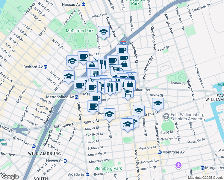 map of restaurants, bars, coffee shops, grocery stores, and more near 661 Metropolitan Avenue in Brooklyn