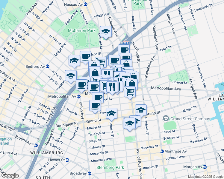 map of restaurants, bars, coffee shops, grocery stores, and more near 661 Metropolitan Avenue in Brooklyn