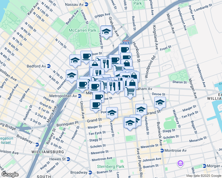 map of restaurants, bars, coffee shops, grocery stores, and more near 661 Metropolitan Avenue in Brooklyn