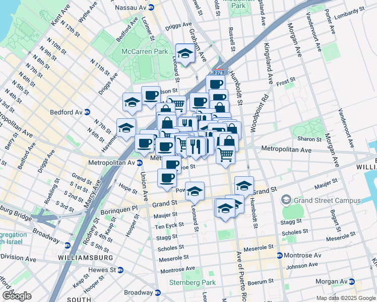 map of restaurants, bars, coffee shops, grocery stores, and more near 661 Metropolitan Avenue in Brooklyn