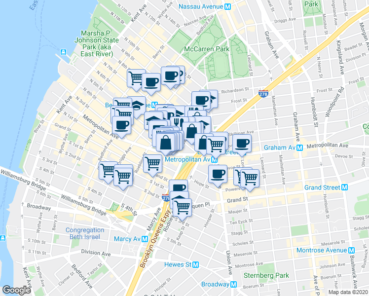 map of restaurants, bars, coffee shops, grocery stores, and more near 417-421 Metropolitan Avenue in Brooklyn
