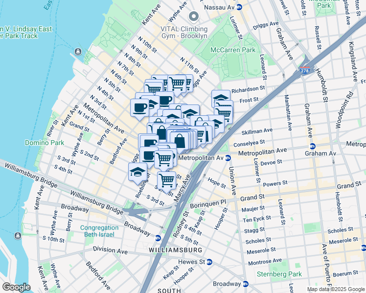 map of restaurants, bars, coffee shops, grocery stores, and more near 362 Metropolitan Avenue in Brooklyn