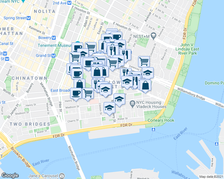 map of restaurants, bars, coffee shops, grocery stores, and more near in New York