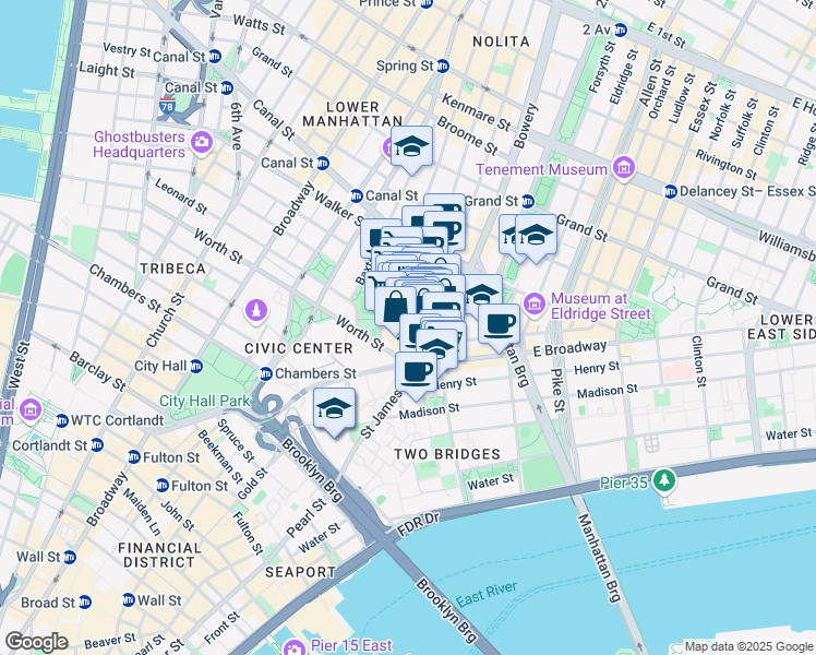 map of restaurants, bars, coffee shops, grocery stores, and more near 8 Doyers Street in New York