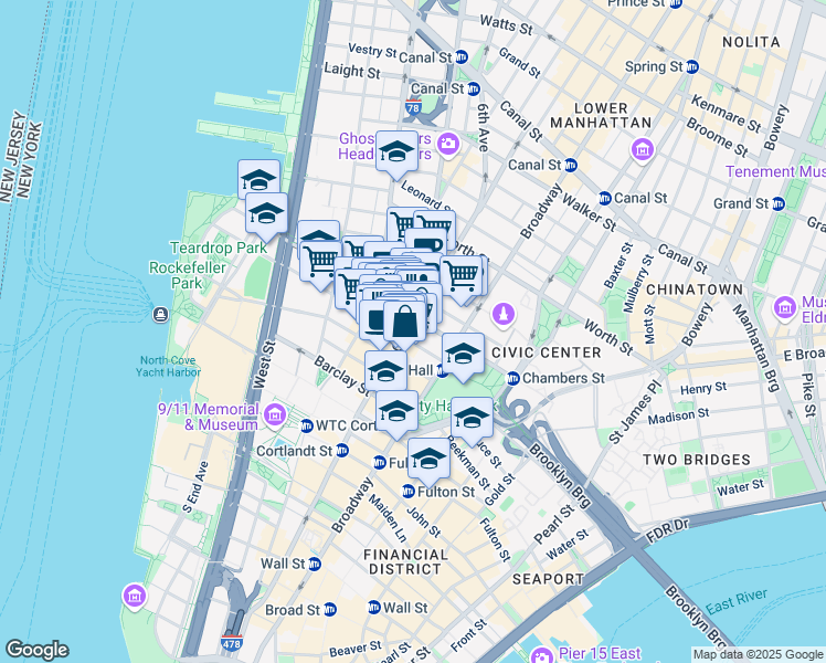 map of restaurants, bars, coffee shops, grocery stores, and more near 128 Church Street in New York