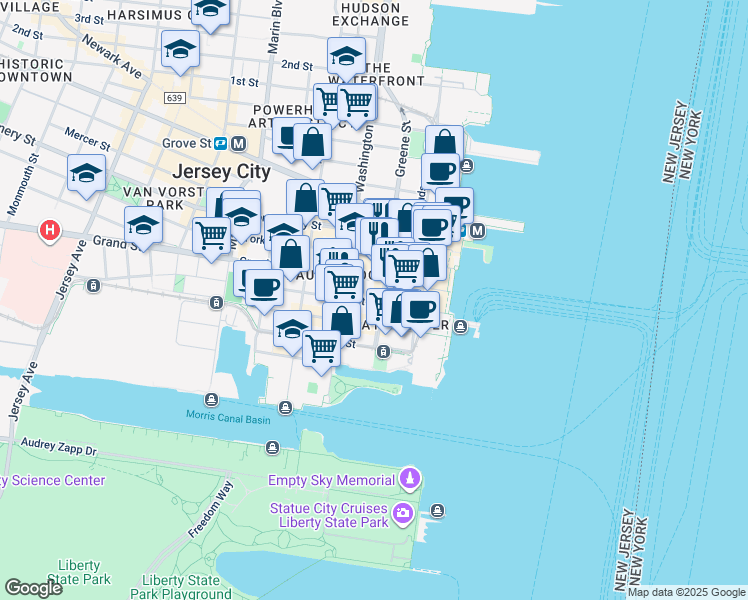 map of restaurants, bars, coffee shops, grocery stores, and more near 77 Sussex Street in Jersey City