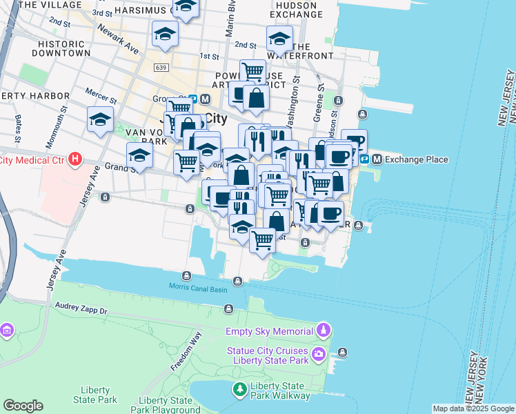 map of restaurants, bars, coffee shops, grocery stores, and more near 103 Sussex Street in Jersey City