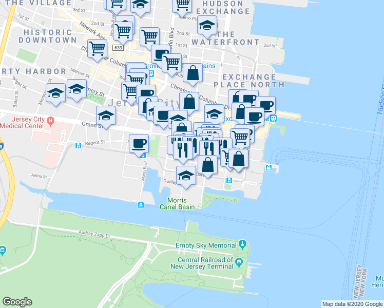 map of restaurants, bars, coffee shops, grocery stores, and more near 103 Sussex Street in Jersey City