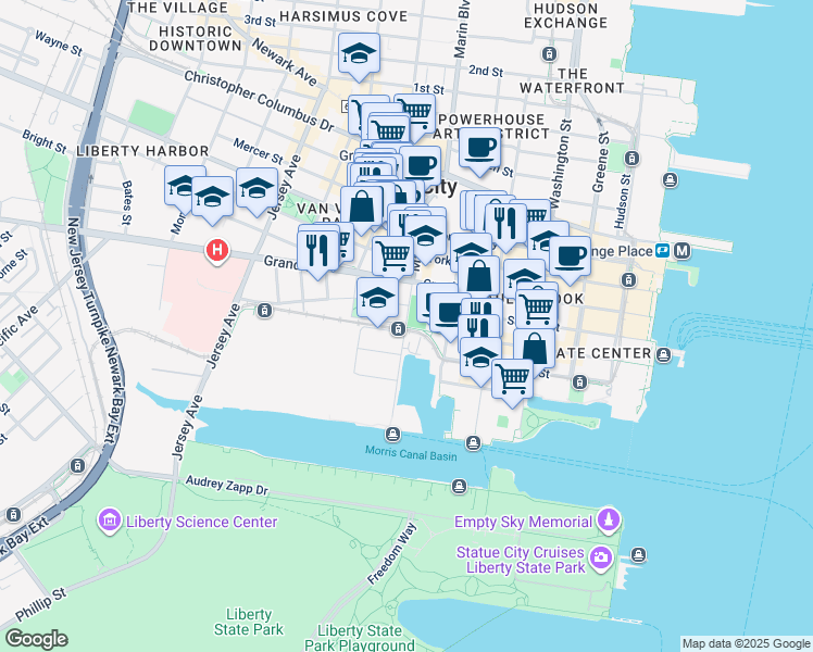 map of restaurants, bars, coffee shops, grocery stores, and more near 201 Marin Boulevard in Jersey City