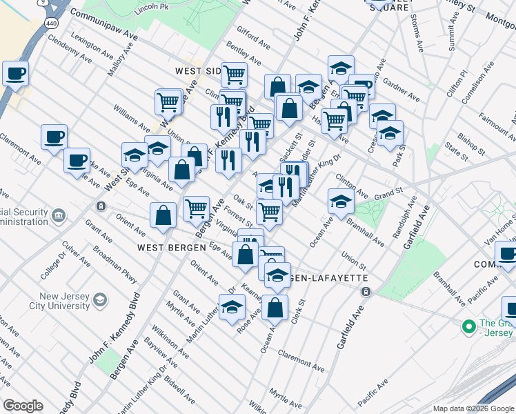 map of restaurants, bars, coffee shops, grocery stores, and more near 82 Oak Street in Jersey City