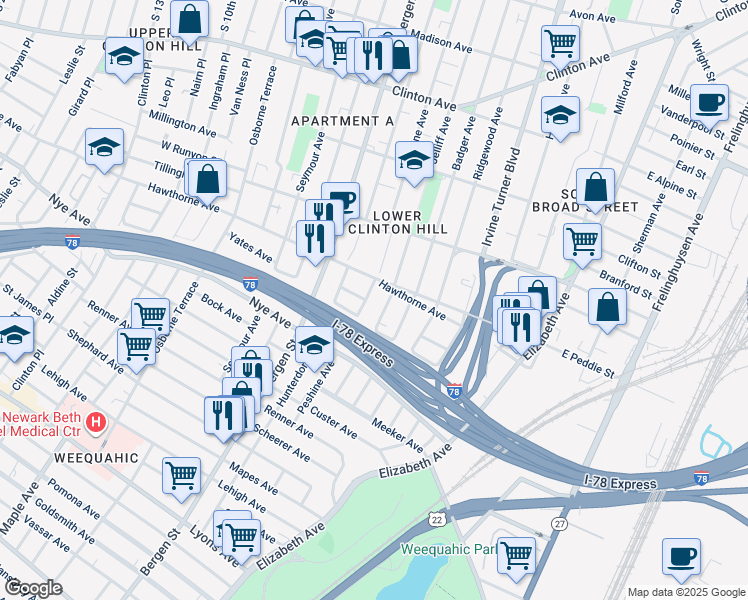 map of restaurants, bars, coffee shops, grocery stores, and more near 358 Peshine Avenue in Newark