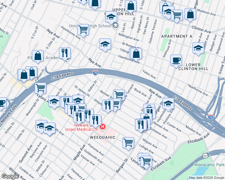 map of restaurants, bars, coffee shops, grocery stores, and more near 95 Schuyler Avenue in Newark