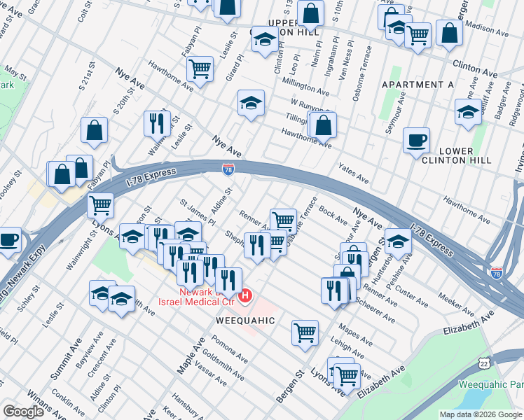 map of restaurants, bars, coffee shops, grocery stores, and more near 95 Schuyler Avenue in Newark