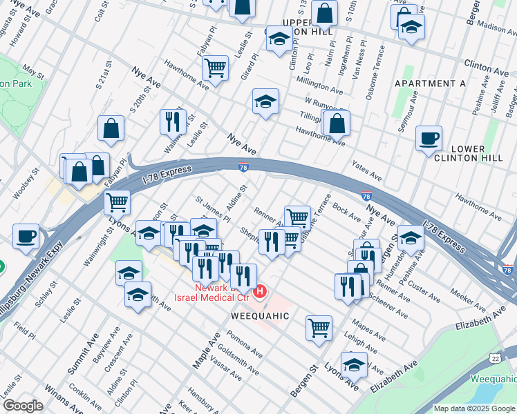 map of restaurants, bars, coffee shops, grocery stores, and more near 321-323 Renner Avenue in Newark
