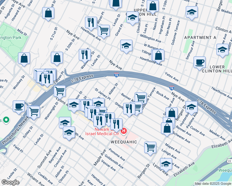 map of restaurants, bars, coffee shops, grocery stores, and more near 36 Aldine Street in Newark