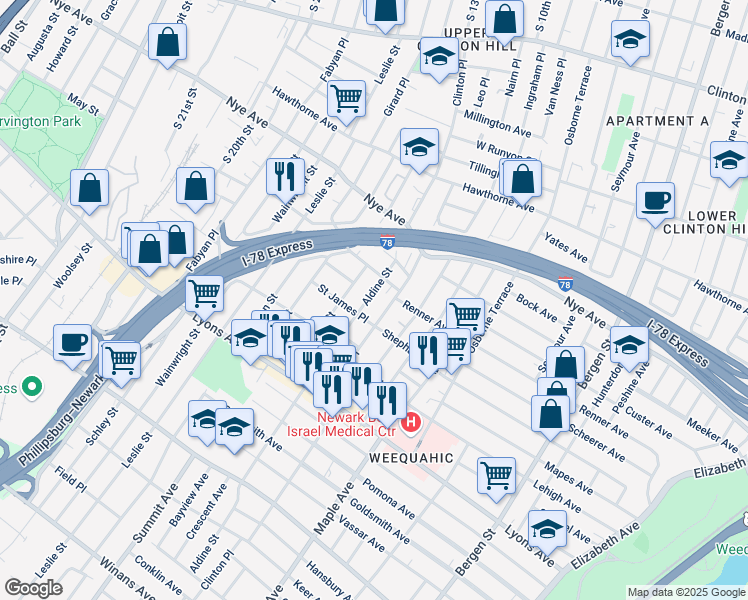 map of restaurants, bars, coffee shops, grocery stores, and more near 36 Aldine Street in Newark