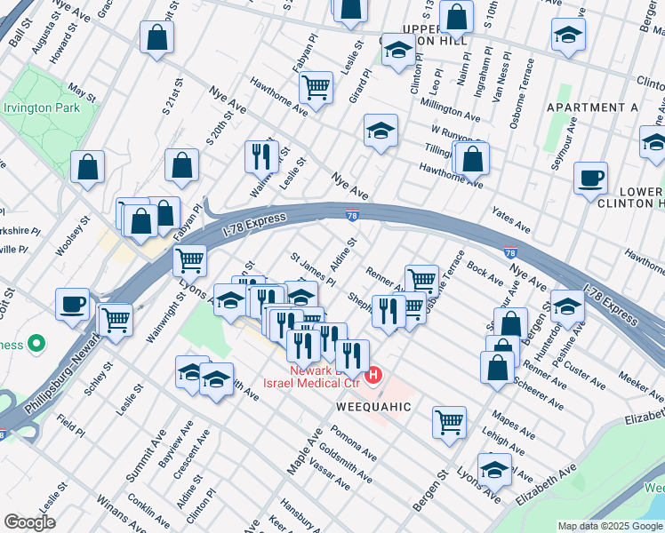 map of restaurants, bars, coffee shops, grocery stores, and more near 36 Aldine Street in Newark