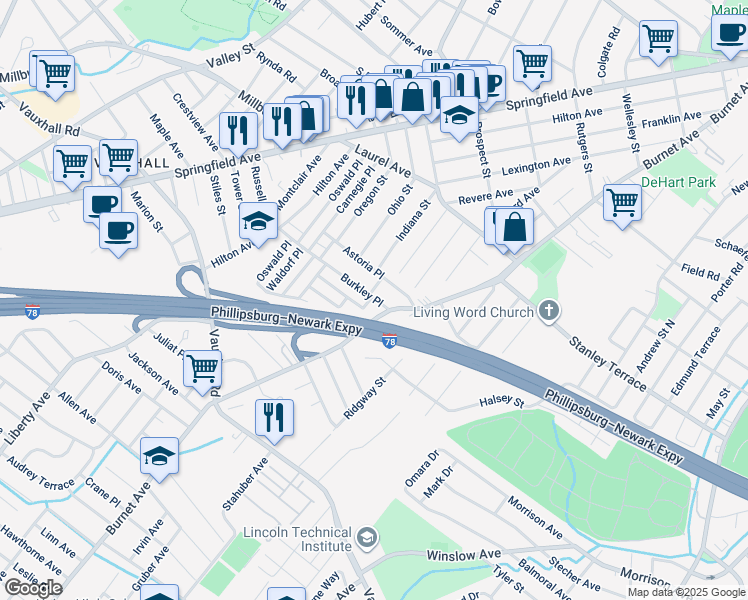 map of restaurants, bars, coffee shops, grocery stores, and more near 47 Burkley Place in Union