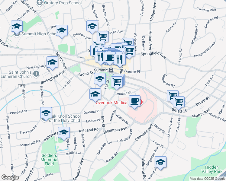 map of restaurants, bars, coffee shops, grocery stores, and more near 30 Elm Street in Summit